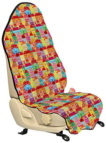 ABAKUHAUS Cityscape Cartoons Car Seat Hoodie, European Architecture Art Houses with Pillars Fountains Urban View, Car Seat Cover Protector Non Slip Backing Universal Fit, Multicolor