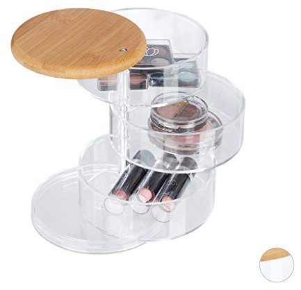 Relaxdays Make Up Organizer, rund, 3 drehbare Ebenen, für Kosmetik & Schmuck, Bambusdeckel, Kunststoff, Schminkbox, klar