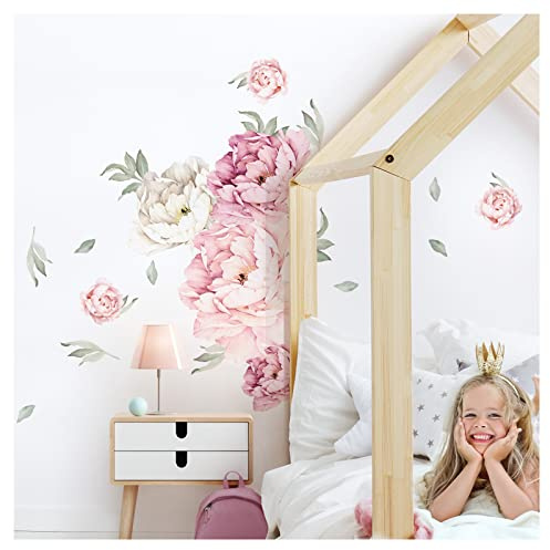 Wandaro Wandaufkleber Pfingstrosen Blüten und Blätter I Bogengröße 39,5 x 60 cm (BxH) I Wandtattoo Wohnzimmer Schlafzimmer Wandsticker Kinderzimmer Mädchen DL554