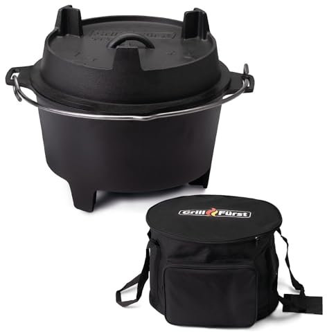 Grillfürst Dutch Oven ca. 6 Liter - stabil stehender Feuertopf durch speziell entwickelte T-Füße, hitzebeständiger Gusseisen Topf, Deckel als Pfanne nutzbar, DO 6 inkl. Aufbewahrungstasche