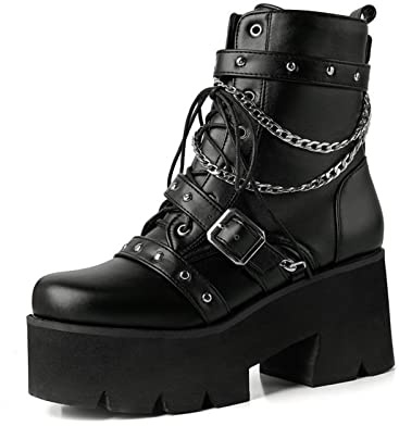 QZPM Gothique Punk Bottines De Combat À Plateforme pour Femmes Talon Épais Boucle À Lacets Bottes De Motard,Noir,45 EU