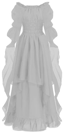 Bichingda Costumes Renaissance pour Femme, Robe Victorienne Asymétrique, Manches Ballon, Épaules Découvertes, Volants, Costume Médiéval