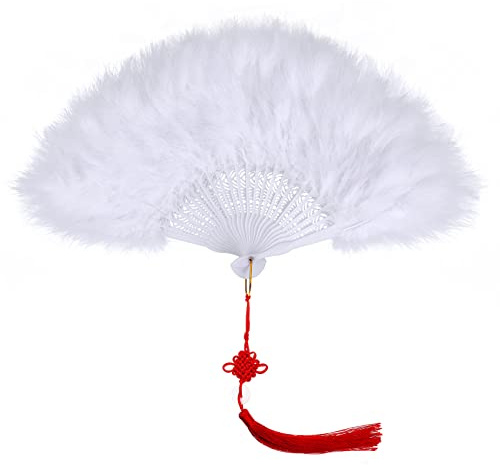 MWOOT Marabou Federfächer, 1920er Jahre Vintage Faltbar Handfächer mit Federn, 20er Jahre Folding Handheld Feather Fan für Hochzeit Halloween Tanzen Show Tee Party Kostüm Dekoration - Weiß