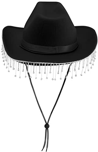 FEESHOW Damen Cowboyhut mit Strass Fransen Glitzer Cowgirl Hut Mütze Party Halloween Karneval Kostüm Zubehör Kopfbedeckung Schwarz Einheitsgröße
