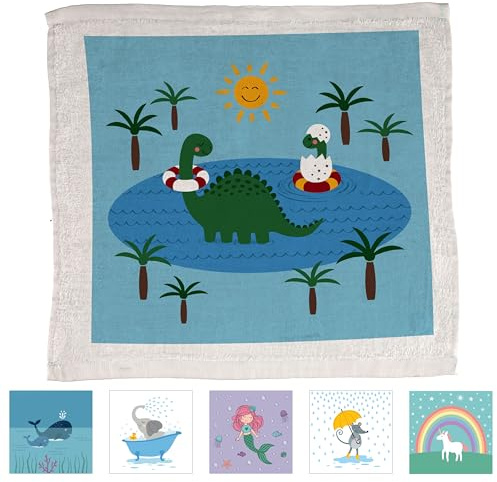 Cepewa - 81999 – Magisk handduk, set om 6, tvättlappar 30 cm present till barn, mus, elefant, enhörning, dinosaurie.