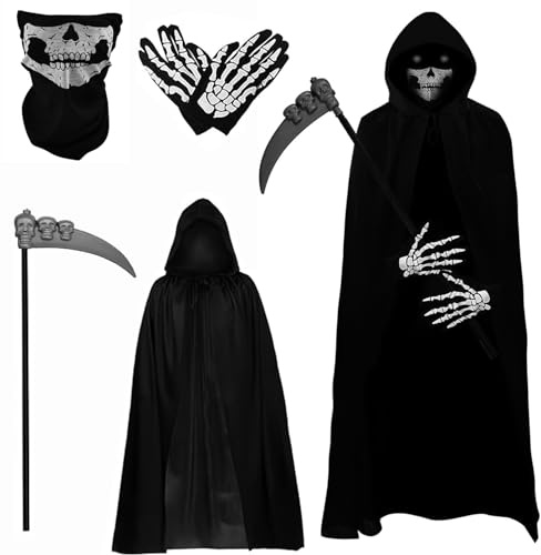 Grim Reaper Costume, Halloween Grim Reaper Costume Children, 4-Piece Death Costume Set, Halloween Costume Set, with Sickle, Skull Mask, Gloves, Cape with Hood, Vampire Costume, for Halloween