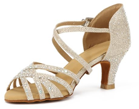 Syrads Scarpe da Ballo con Strass da Donna per Sala, Salsa Latina, Pratica e Feste - Traspiranti, Oro, Tacco 6cm, 37 EU