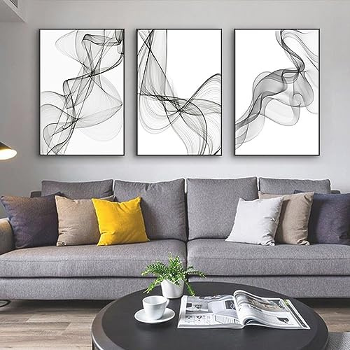 3er Set Abstrakt Poster Schwarz Weiß Leinwandbilder Line Art Bilder Moderne Wohnzimmer Kunst Linie Wandposter Ohne Rahme Schwarz Weiß Bilder (D,60x90cm x3)