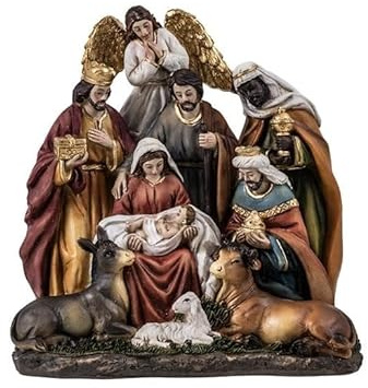 Misterio de 1 Pieza Nacimiento Clasico con Reyes, Animales, Angel y Oveja de Resina Pintado a Mano 15x8x15 cm