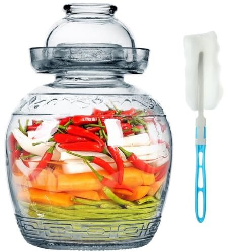 Kapmore Tarro de fermentación de vidrio, tarro de encurtido sellado de gran capacidad, recipiente de fermentación tradicional chino con tapa de cierre de aire de sellado de agua, tanque de