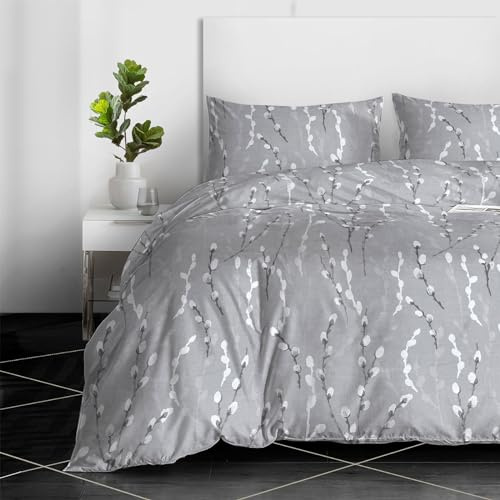 Cotton Comfort Bedding 3-Piece 100% Egyptian Cotton Printed Duvet Cover Set - 400 Thread Count King Size Bed Cover with 2 Pillowcases - Reversible Quilt Bedding Set (Silver Mist, King)