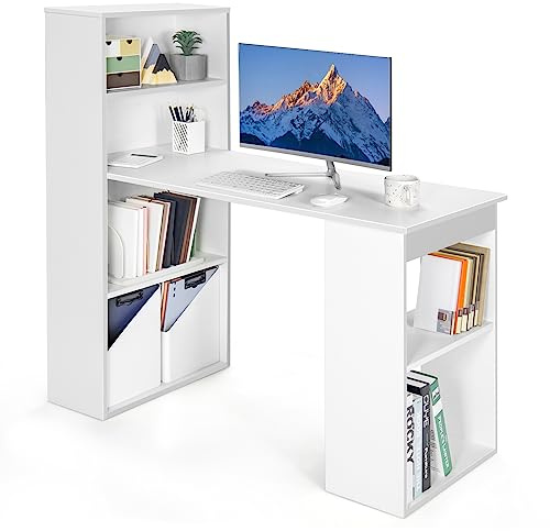 COSTWAY Scrivania per Computer con Libreria, Scrivania Salvaspazio Moderna con 6 Ripiani e Base Ampia, Scrivania Porta PC Moderna per Casa e Ufficio, 122 cm x 51 cm x 122 cm (Bianco)