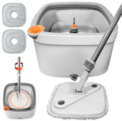 Balai à franges et seau avec système d'eau sale et propre M16 auto-séparation, essorage automatique, tête de balai rotative à 360° et seau pour sols en bois dur, carrelage, marbre (gris)