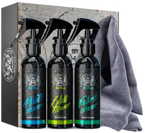 Kit de Limpieza para Coche Interior, Kit de limpieza coche interior, Kit limpieza coche. Limpia Tapiceria, Cristales y Salpicadero 3 Unidades 150ML Ideal para Regalo. Limpieza de Interior para coches.