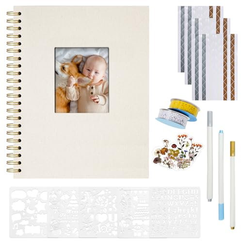 Vienrose Fotoalbum zum Selbstgestalten 28,5 x 20,5 cm, Leinen Fotoalbum mit 80 Weißen Seiten, Leeres Kraftpapier, DIY Scrapbook Spiralalbum Set für Babys, Familien, Hochzeiten, Jahrestag, Beige