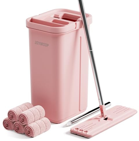JOYMOOP Rosa mopp och hink med vridare set för hemmet, med 5 återanvändbara mikrofibermoppkuddar, handsfree självrengörande system, lämplig för golvrengöring och väggrengörare