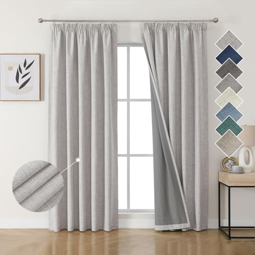 Joydeco 100% Verdunkelungsvorhänge Leinen Gardinen mit Kräuselband 2er Set H214xB132cm Grauweiß, Thermovorhang Kälteschutz Blickdicht Schallschutz Ideal für Wohnzimmer passt zu Schienensystemen