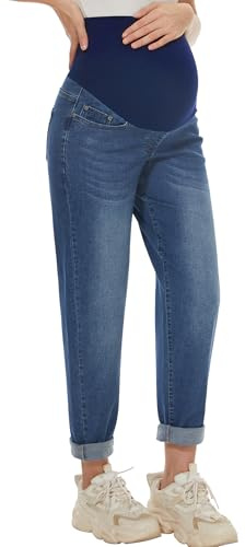 AVOG Umstands-Boyfriend-Jeans, hohe Taille, dehnbar, Denim, Schwangerschaftshose mit 4 Taschen, Dunkelblau, Groß