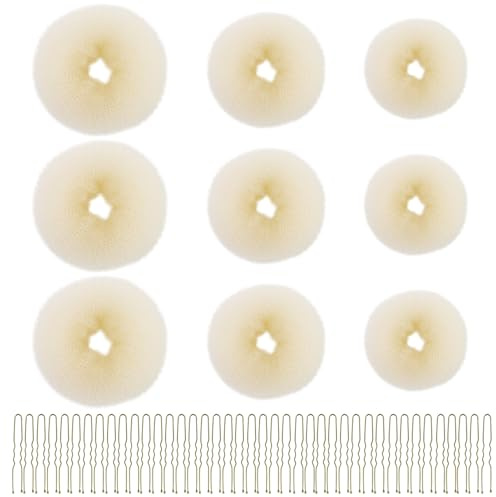 Donut Hair Haardonut Maker Set mit 9 Stück Beige Haardutt, 30 Stück Gold U-Form Haarspange Haarnadel, Dutt Hilfe Hochsteckfrisuren Zubehör, für Kinder Mädchen Frauen