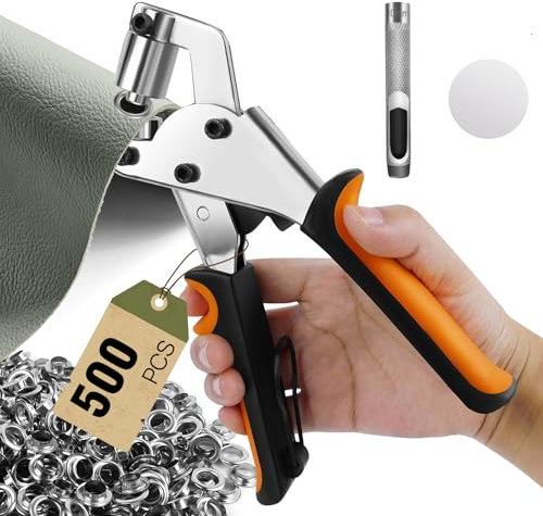 Generic Eyelet Punch Kit - 3/8 Inch, Silver, Modern Practical Style - 500 Pcs 10mm Eyelets & Magnetic Grommet Punch Kit with Non-Slip Handle & Convenient Hanging Hook