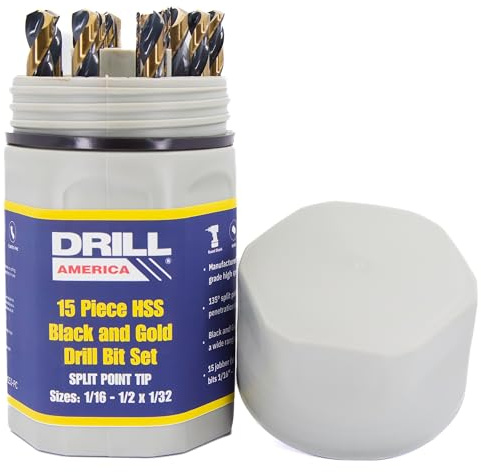 Drill America 15 Piece Heavy Dutyy High Speed Steel Drill Bit Set with Black and Gold Finish in Round Case (1/16 - 1/2 x 32nds), KFD Series