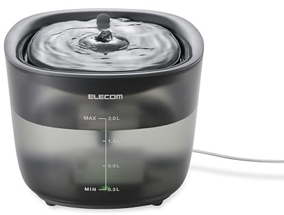 ELECOM Silent Pet Water Fountain for Cats and Dogs, 9dB Ultra Quiet Operation, 2L Capacity, Easy to Disassemble & Clean, 3-Layer Filtration, Wireless Pump, LED Light Modes (Black)