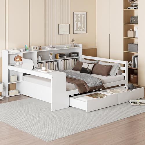 Tagesbett Schlafsofa 140x200 cm, Holz Multifunktionsbett mit USB-Steckdose, Schreibtisch, 2 Schubladen, Bücherregal, Ablagefächern&Regalen, Doppelbett Massivholzbett mit Lattenrost, Ohne Matratze,Weiß