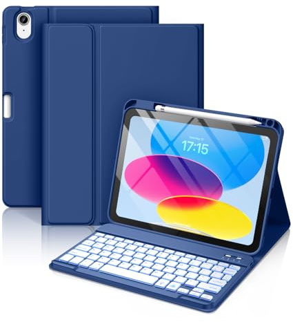 Hamile for iPad 11th 10th Generation Case with Keyboard - 7 Colors Backlit Wireless Detachable Folio Keyboard Cover with Pencil Holder for iPad A16 11-inch 2025 10th Gen 10.9 Inch 2022 (Navy Blue)