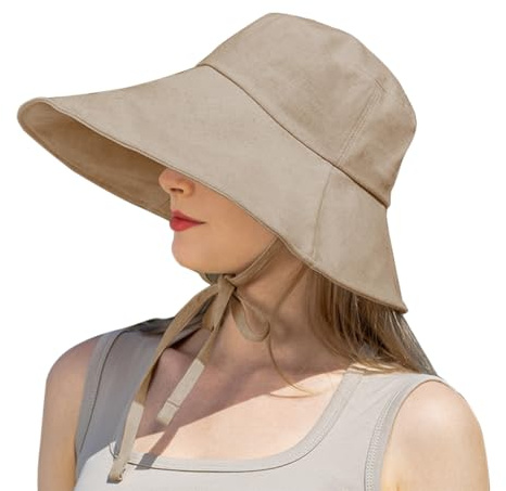 Jellecutte Sonnenhut Damen UV Schutz 50+ Sommerhut mit 17cm Krempe Faltbar Leichter Damenhut aus Leinen mit Kinnband-Khaki