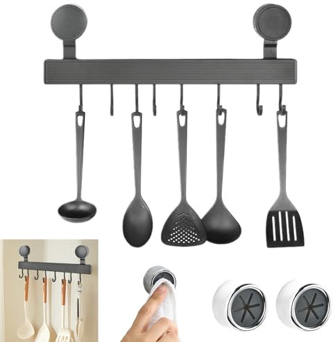 QINGZY Barre de Cuisine Ustensile, Support Ustensiles Cuisine Sans Perçage, 40cm Crochet Mural avec Ventouse et 8 Crochets, 2 Accroche Torchon, Capacité 20 kg, pour Cuisine, Salle de Bain et Chambre
