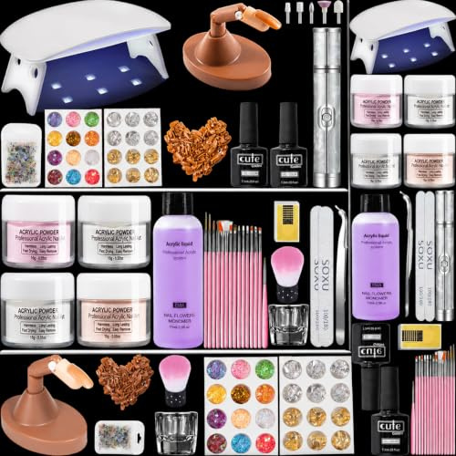 CENBEII Acrylic Nail Kit Electric Nail File - Practice Hand Finger 100pcs Nail Tips Gel Nail Kit - 4 Colors Acrylic Powder 75ml Acrylic Liquid Polygel Nail Kit - Nail Lamp Gel x Nail Extension Kit