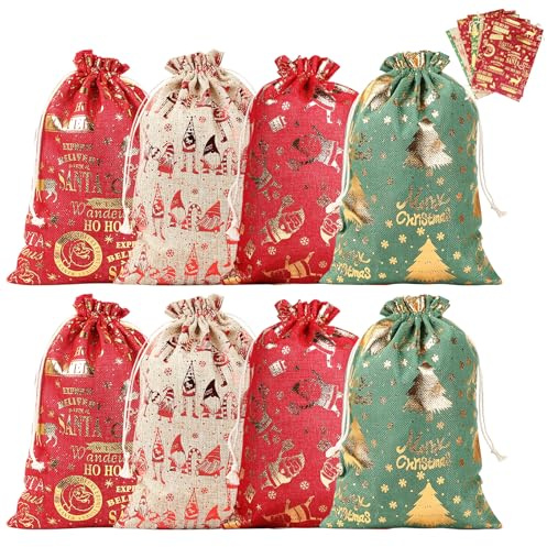 8 Stück Weihnachten Geschenk Beutel mit Kordelzug, Bunt Weihnachten Geschenktüte, Wiederverwendbare Weihnachtens Tasche Säckchen Geschenk für Hochzeitsgeschenke, Party, Weihnachtens (20×30cm)