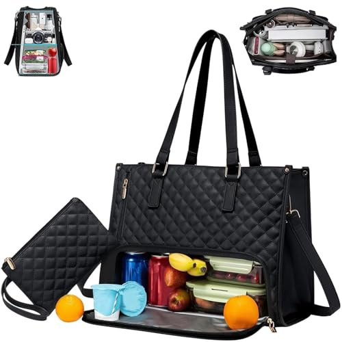 2 in 1 Tote Bag Lunch Bag Combo, 15.6 Inch Laptop Work Bag with Insulated Leakproof Compartment, Large Capacity Handbag for Women Office Business Travel