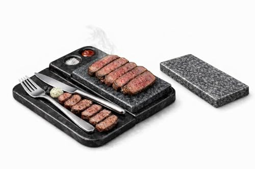 Heißer Stein Grill Set aus Speckstein & Granit – Hot Stone Steak, Steakbrett mit Ersatzstein, Servierplatte für Fleisch und Fisch