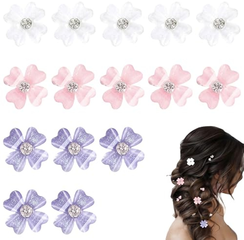 ZEBKEL 15 Horquillas Pelo Mujer Flores de Trébol, Pasadores Pelo para Boda, Comunión y Fiesta, Adorno Pelo Niña y Novia en Blanco, Púrpura y Rosa Claro