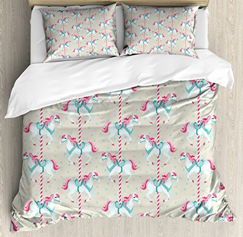 Ambesonne Toy Horse Duvet Cover Set, Merry Go Round Amusement Park Carousel Toy Ride Roundabout Park, Decorative 3 Piece Bedding Set with 2 Pillow Shams, Queen Size, Beige Seafoam Pink