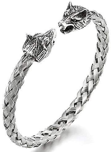 Cupimatch Wikinger Armreif Herren Armband Edelstahl Wolf Kopf Armreif Armband Kabel-Armspange Gliederarmband Offenes Poliertes Armband Wikinger Schmuck für Männer Jungen, 19cm