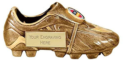 TROPHIESPLUSMEDALS Personalised Gold Football Boot Trophy, 14.5cm | Resin football trophy with detailed player design and free engraving on personalised plate, ideal for clubs and leagues.