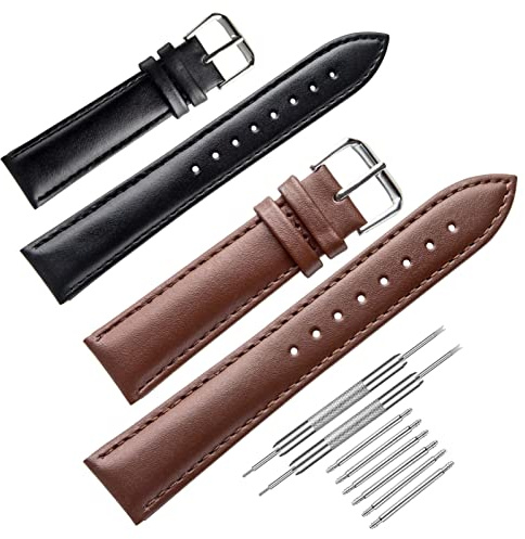 Universal Leather Watch Straps, Genuine Leather, Stainless Steel Buckle, Quick Release, Replacement Watchbands for Men Women (with Watch Strap Pins, Tool)