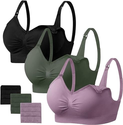 HBselect 3 Pack Women’s Wireless Seamless Maternity & Breastfeeding Bras Bralette with Removable Pads & Extenders