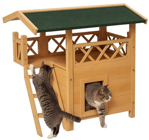 PawHut Outdoor Cat House Kitten Shelter Puppy Kennel with Balcony Stairs Asphalt Roof, 77 x 50 x 73 cm, Natural Wood Finish