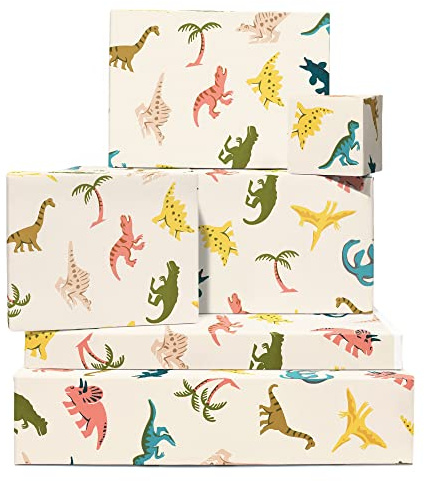 Dinosaurie-omslagspapper för barn – 6 ark presentpapper – dino och palmer – födelsedagspresenter för pojkar – för baby shower – miljövänligt – levereras med klistermärken – av Central 23