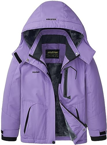 WICKHAM Girls Waterproof Ski Jacket Winter Warm Fleece Lined Windproof Jackets Removable Hood Ski Coat for Kids, Purple, 10-12 Jahre