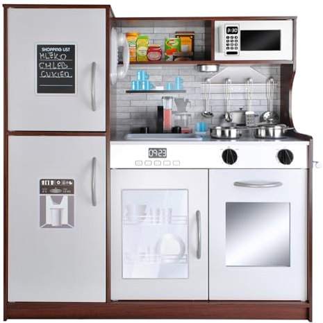 Kinderküche aus Holz mit LED-Licht & Sound – große Spielküche mit Zubehör, herausnehmbarem Spülbecken, beweglichen Elementen – für Mädchen & Jungen ab 3 Jahren – Marke KRUZZEL