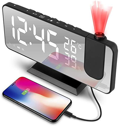 Ghzste Projektionswecker Schlafzimmer, digitaler Wecker, Radiowecker, Projektor, Wecker, Modespiegel mit doppeltem Alarm, 4 einstellbare Bildschirmhelligkeiten, um 180 ° drehbar,
