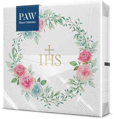 PAW Servietten 33 x 33 cm, 20 Stück - Zarte Rosen | Dreilagig, saugstark und reißfest, festliche Tischdeko für Kommunion, Konfirmation und Taufe, würdevoll gedeckt