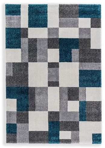 Astra Hochwertiger Teppich Wohnzimmer, Schlafzimmer - Hochflorteppich weich - Moderne Muster - Schlichte Designs - Teppich Kästchen Petrol 80 x 150 cm