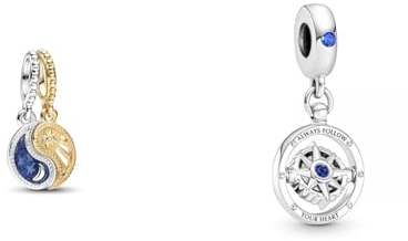 PANDORA Bicolor Teilbarer Sonne & Mond Charm-Anhänger aus Sterling Silber & Charm Anhänger Kompass Silber, Kristall blau 790099C01