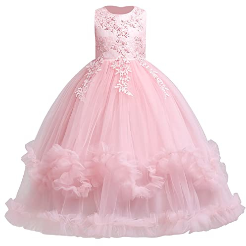 IDOPIP Enfants Filles sans Manches Dentelle Broderie Mariage Demoiselle d'honneur Princesse Couches Tulle Robes de fête soirée Bal Robe de Bal