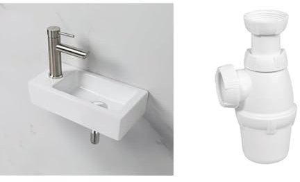 Ibergrif M41102-L, Lavabo Lave Main Blanc Rectangulaire en Céramique Suspendu pour Salle de Bains et WC & Wirquin 30723136 Siphon de lavabo Ø32 réglable en hauteur, blanc